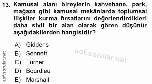 13. soru: Kamusal alanı bireylerin kahvehane, park, mağaza gibi kamusal mekânlarda toplumsal ilişkiler kurma fırsatlarını değer…