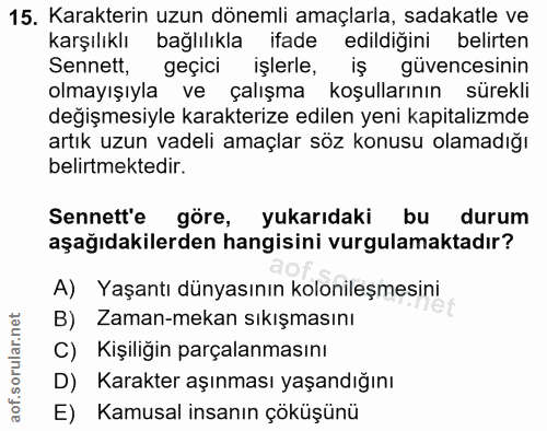 15. soru: Karakterin uzun dönemli amaçlarla, sadakatle ve karşıliklı bağlılıkla ifade edildiğini belirten Sennett, geçici işler…