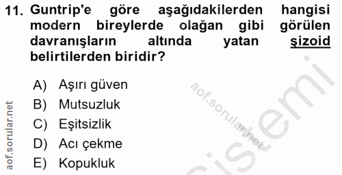 11. soru: Guntrip'e göre aşağıdakilerden hangisi modern bireylerde olağan gibi görülen davranışların altında yatan şizoid belir…