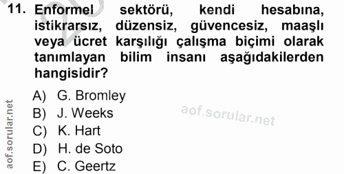 11. soru: Enformel sektörü, kendi hesabina, istikrarsız, düzensiz, güvencesiz, maaşlı veya ücret karşılığı çalışma biçimi olara…