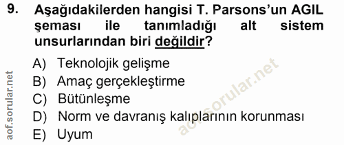 9. soru: Aşağıdakilerden hangisi T. Parsons'un AGIL şeması ile tanımladığı alt sistem unsurlarından biri değildir? A) Teknoloj…