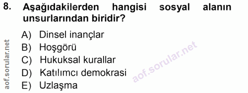 8. soru: Aşağıdakilerden hangisi sosyal alanın unsurlarından biridir? A) Dinsel inançlar B) Hoşgörü C) Hukuksal kurallar D) Ka…