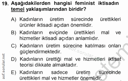 19. soru: Aşağıdakilerden hangisi feminist iktisadın temel yaklaşımlarından biridir? A) Kadınların üretim sürecinde ürettikleri…