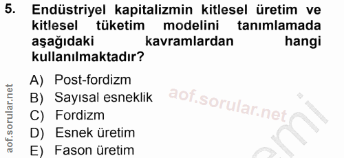 5. soru: Endüstriyel kapitalizmin kitlesel üretim ve kitlesel tüketim modelini tanimlamada aşağıdaki kavramlardan hangi kullan…