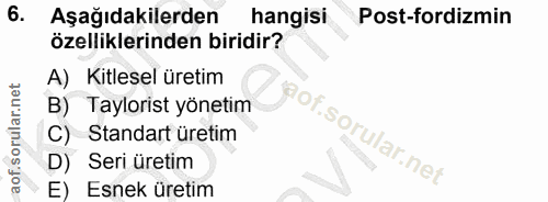 6. soru: Aşağıdakilerden hangisi Post-fordizmin özelliklerinden biridir? A) Kitlesel üretim B) Taylorist yönetim Standart üret…
