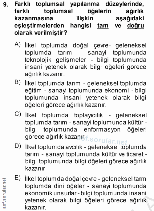 9. soru: Farklı toplumsal yapılanma düzeylerinde, farklı toplumsal ögelerin ağırlık kazanmasına ilişkin aşağıdaki eşleştirmele…