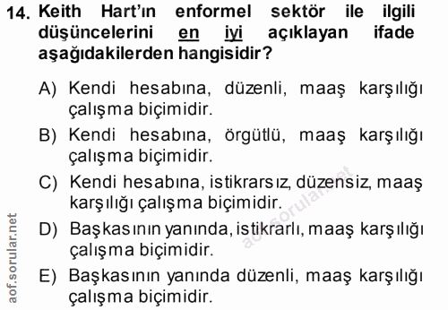 14. soru: Keith Hart'ın enformel sektör ile ilgili düşüncelerini en iyi açıklayan ifade aşağıdakilerden hangisidir? A) Kendi he…