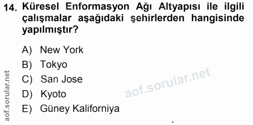 14. soru: Küresel Enformasyon Ağı Altyapısı ile ilgili çalışmalar aşağıdaki şehirlerden hangisinde yapılmıştır? A) New York B)…