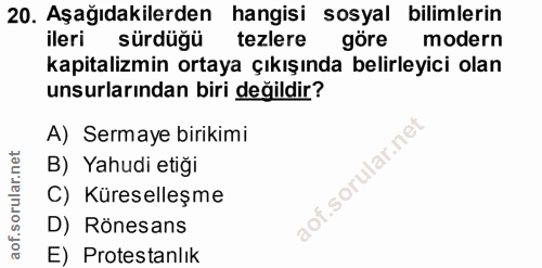 20. soru: Aşağıdakilerden hangisi sosyal bilimlerin ileri sürdüğü tezlere göre modern kapitalizmin ortaya çıkışında belirleyici…