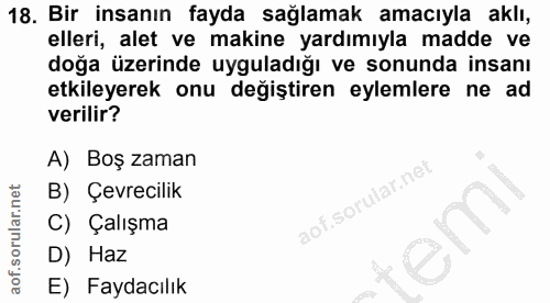 18. soru: Bir insanın fayda sağlamak amacıyla aklı, elleri, alet ve makine yardımıyla madde ve doğa üzerinde uyguladığı ve sonu…