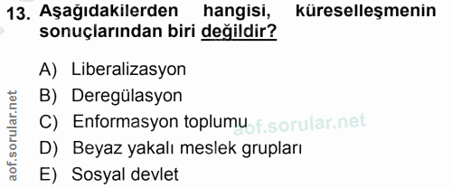 13. soru: Aşağıdakilerden hangisi, küreselleşmenin sonuçlarından biri değildir? A) Liberalizasyon B) Deregülasyon C) Enformasyo…