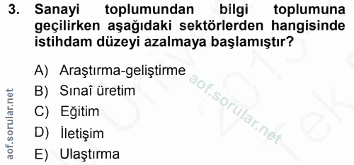 3. soru: Sanayi toplumundan bilgi toplumuna geçilirken aşağıdaki sektörlerden hangisinde istihdam düzeyi azalmaya başlamıştır?…