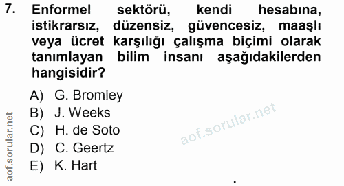 7. soru: Enformel sektörü, kendi hesabına, istikrarsız, düzensiz, güvencesiz, maaşlı veya ücret karşılığı çalışma biçimi olara…