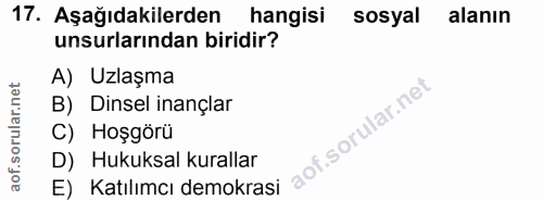 17. soru: Aşağıdakilerden hangisi sosyal alanın unsurlarından biridir? A) Uzlaşma B) Dinsel inançlar C) Hoşgörü D) Hukuksal kur…