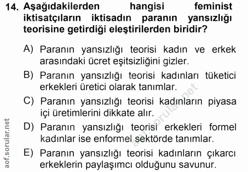 14. soru: Aşağıdakilerden hangisi feminist iktisatçıların iktisadın paranın yansızlığı teorisine getirdiği eleştirilerden birid…