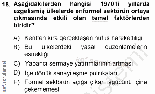 18. soru: Aşağıdakilerden hangisi 1970'li yıllarda azgelişmiş ülkelerde enformel sektörün ortaya çıkmasında etkili olan temel f…