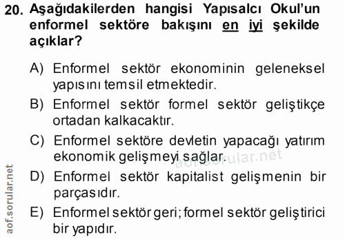20. soru: Aşağıdakilerden hangisi Yapısalcı Okul'un enformel sektöre bakışını en iyi şekilde açıklar? A) Enformel sektör ekonom…