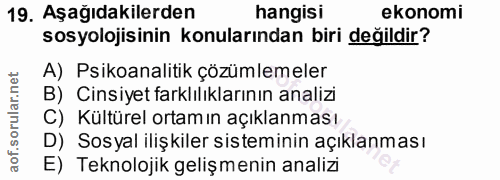 19. soru: Aşağıdakilerden hangisi ekonomi sosyolojisinin konularından biri değildir? A) Psikoanalitik çözümlemeler B) Cinsiyet…