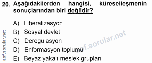 20. soru: Aşağıdakilerden hangisi, küreselleşmenin sonuçlarından biri değildir? A) Liberalızasyon B) Sosyal devlet D) Enformasy…