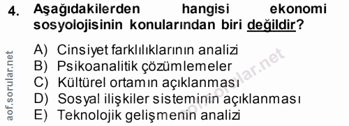 4. soru: Aşağıdakilerden hangisi ekonomi sosyolojisinin konularından biri değildir? A) Cinsiyet farklılıklarının analizi B) Ps…