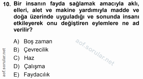10. soru: Bir insanın fayda sağlamak amacıyla aklı, elleri, alet ve makine yardımıyla madde ve doğa üzerinde uyguladığı ve sonu…