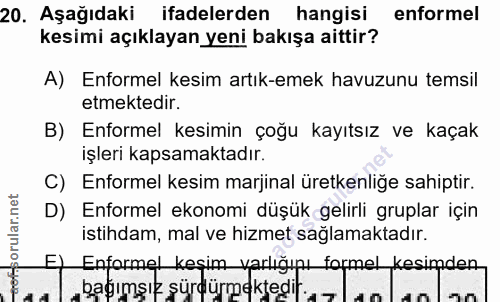 20. soru: Aşağıdaki ifadelerden hangisi enformel kesimi açıklayan yeni bakışa aittir? A) Enformel kesim artık-emek havuzunu tem…