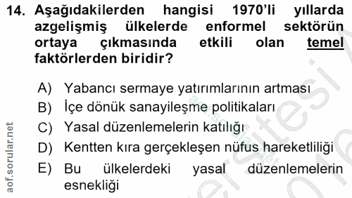 14. soru: Aşağıdakilerden hangisi 1970 li yıllarda azgelişmiş ülkelerde enformel sektörün ortaya çıkmasında etkili olan temel f…