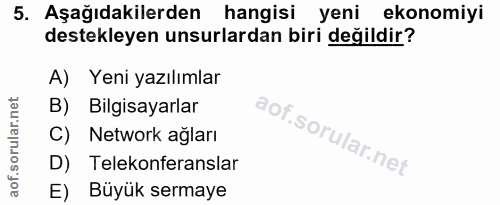 5. soru: Aşağıdakilerden hangisi yeni ekonomiyi destekleyen unsurlardan biri değildir? A) Yeni yazılımlar B) Bilgisayarlar C)…