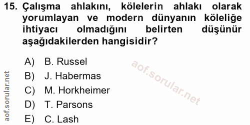15. soru: Çalışma ahlakını, kölelerin ahlakı olarak yorumlayan ve modern dünyanın köleliğe ihtiyacı olmadığını belirten düşünür…