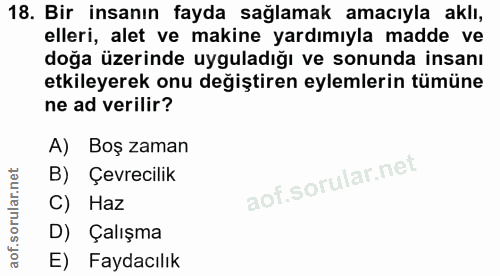 18. soru: Bir insanın fayda sağlamak amacıyla aklı, elleri, alet ve makine yardımıyla madde ve doğa üzerinde uyguladığı ve sonu…