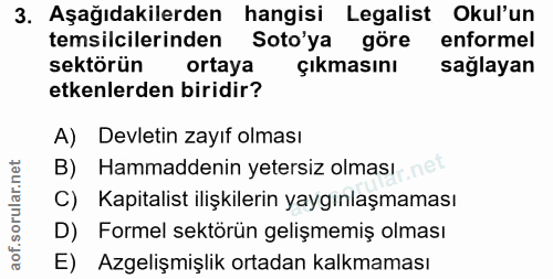 3. soru: Aşağıdakilerden hangisi Legalist Okul'un temsilcilerinden Soto'ya göre enformel sektörün ortaya Çıkmasını sağlayan et…