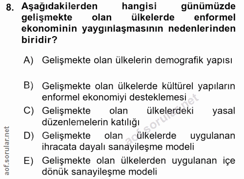 8. soru: Aşağıdakilerden| hangisi günümüzde gelişmekte olan ülkelerde enformel ekonominin yaygınlaşmasının nedenlerinden birid…