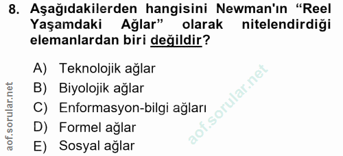 8. soru: Aşağıdakilerden hangisini Neman'ın "Reel Yaşamdaki Ağlar" olarak nitelendirdigi elemanlardan biri değildir? A) Teknol…