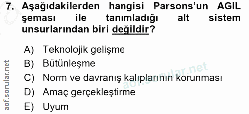 7. soru: Aşağıdakilerden hangisi Parsons'un AGIL şeması ile tanimladiğı alt sistem unsurlarından biri değildir? A) Teknolojik…