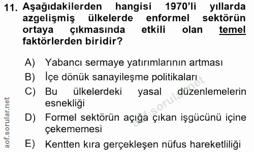 11. soru: Aşağıdakilerden hangisi 1970'li yıllarda azgelişmiş ülkelerde enformel sektörün ortaya çıkmasında etkili olan temel f…