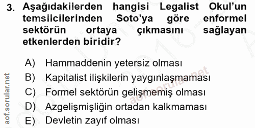 3. soru: Aşağıdakilerden hangisi Legalist Okul'un temsilcilerinden Soto'ya göre enformel sektörün ortaya çıkmasını sağlayan et…
