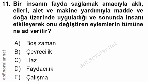 11. soru: Bir insanın fayda sağlamak amacıyla aklı, ellerl, alet ve makıne yardımıyla madde ve doğa üzerinde uyguladığı ve sonu…