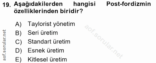 19. soru: Aşağıdakilerden hangisi Post-fordizmin özelliklerinden biridir? A) Taylorist yönetim Seri üretim C) Standart üretim D…