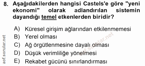 8. soru: Aşağıdakilerden hangisi Castels'e göre "yeni ekonomi" olarak adlandırılan sistemin dayandığı temel etkenlerden biridi…