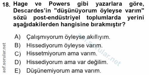 18. soru: Hage ve Powers gibi yazarlara göre, Descardes'in "düşünüyorum öyleyse varım" sözü post-endüstriyel toplumlarda yerini…