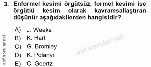 3. soru: Enformel kesimi örgütsüz, formel kesimi ise örgütlü kesim olarak kavramsallaştıran düşünür aşağıdakilerden hangisidir…