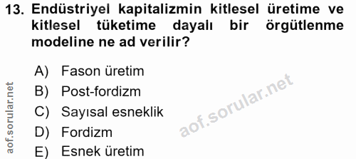 13. soru: Endüstriyel kapitalizmin kitlesel üretime ve kitlesel tüketime dayalı bir örgütlenme modeline ne ad verilir? A) Fason…