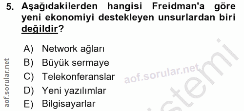 5. soru: Aşağıdakilerden hangisi Freidman'a göre yeni ekonomiyi destekleyen unsurlardan biri değildir? A) Network ağları B) Bü…