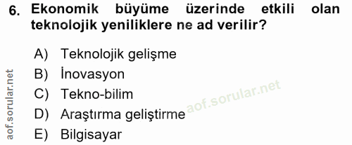 6. soru: Ekonomik büyüme üzerinde etkili olan teknolojik yeniliklere ne ad verilir? A) Teknolojik gelişme B) Inovasyon D) Araș…