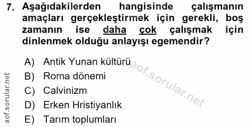 7. soru: Aşağıdakilerden hangisinde çalışmanın amaçları gerçekleştirmek için gerekli, boş zamanın ise daha çok çalışmak için d…