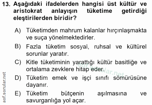 13. soru: Aşağıdaki ifadelerden hangisi üst kültür ve aristokrat anlayışın tüketime getirdiği eleştirilerden biridir? A) Tüketi…