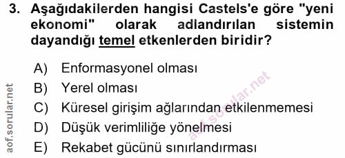 3. soru: Aşağıdakilerden hangisi Castels'e göre "yeni ekonomi" olarak adlandırılan sistemin dayandığı temel etkenlerden biridi…