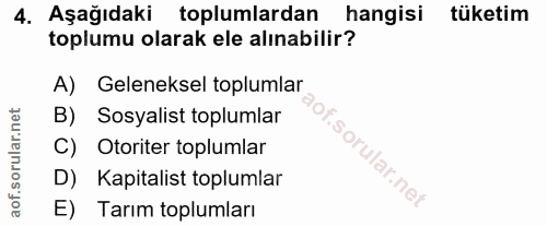 4. soru: Aşağıdaki toplumlardan hangisi tüketim toplumu olarak ele alınabilir? A) Geleneksel toplumlar B) Sosyalist toplumlar…