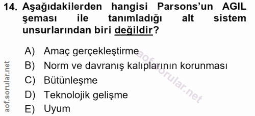 14. soru: Aşağıdakilerden hangisi Parsons'un AGIL şeması ile tanimladığı alt sistem unsurlarından biri değildir? A) Amaç gerçek…