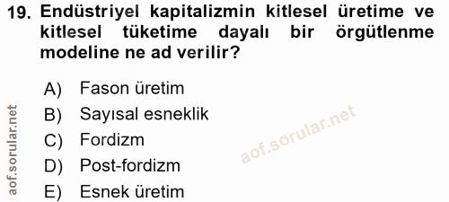 19. soru: Endüstriyel kapitalizmin kitlesel üretime ve kitlesel tüketime dayalı bir örgütlenme modeline ne ad verilir? A) Fason…